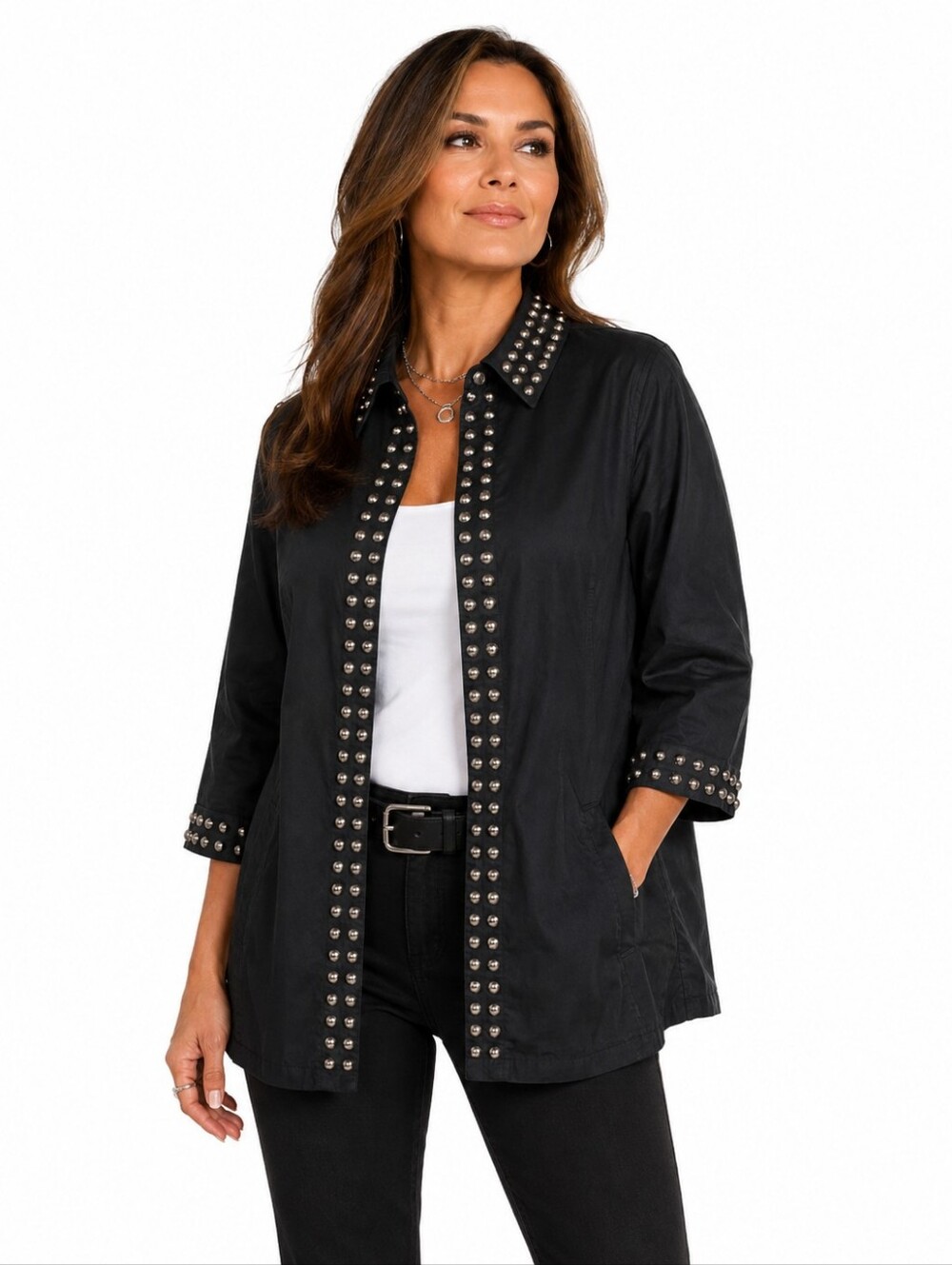 Tia Black Studded Embellished Jacket XL 3/4 Sleeve Pockets Rocker Chic Layer